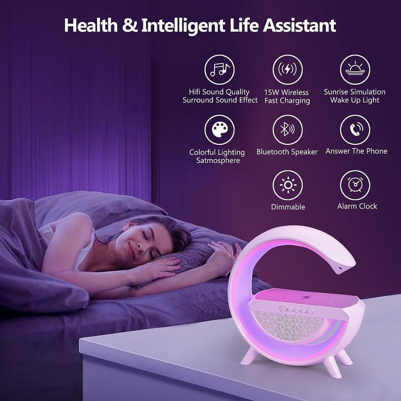 Wireless G Speaker with Wireless Charging | Desk Lamp Bedside Night Light, Smart Light, Sound Machine, and Stylish Bedroom Home Decor