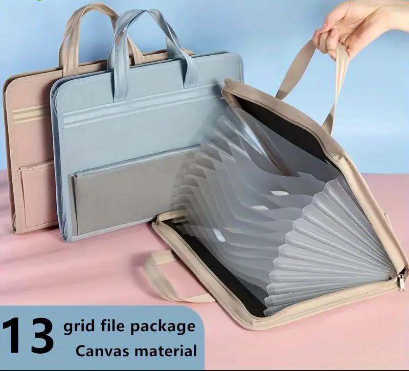 Folder Bag for Certificates and Documents, 13 Pockets A4 Size Expanding File Folder Bag, Waterproof Documents Organiser with Zipper Closure, Handle and Front Compartment (Multicoloured Pack of 1)