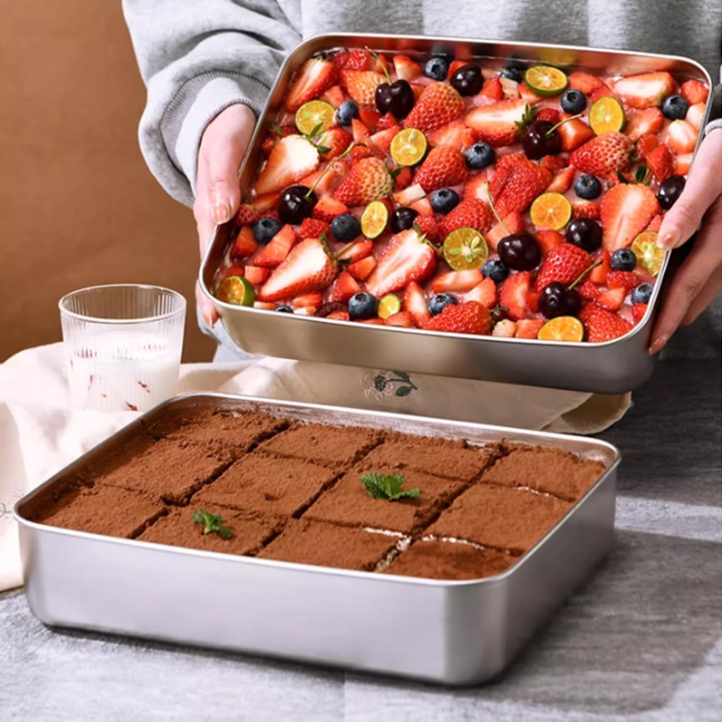 Stainless Steel Food Storage Container with Lids, Oven Tray, Pan Stainless Steel Rectangle Plate with Lid, Perfect for Baking, Cooking (Silver)