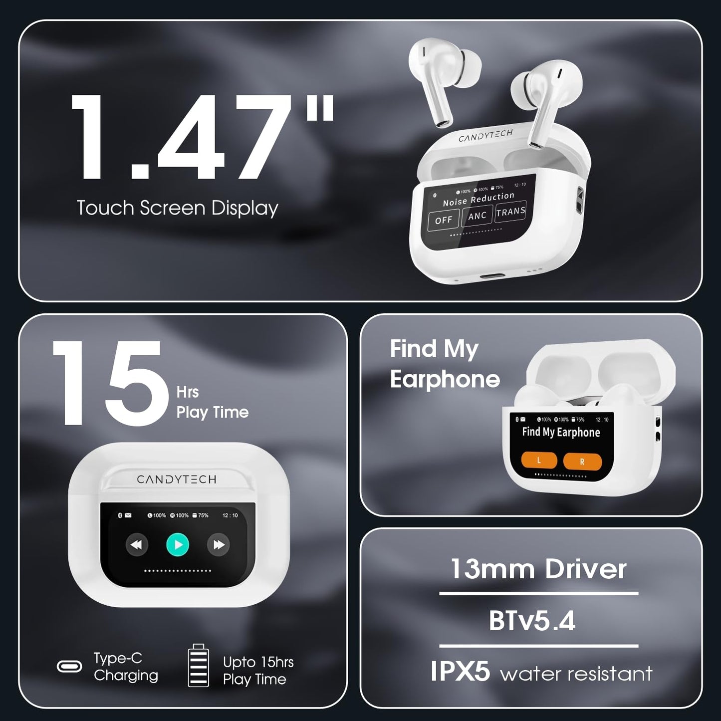 Air Space Screen TWS, ANC (32dB), Smart Touch Display True Wireless Buds