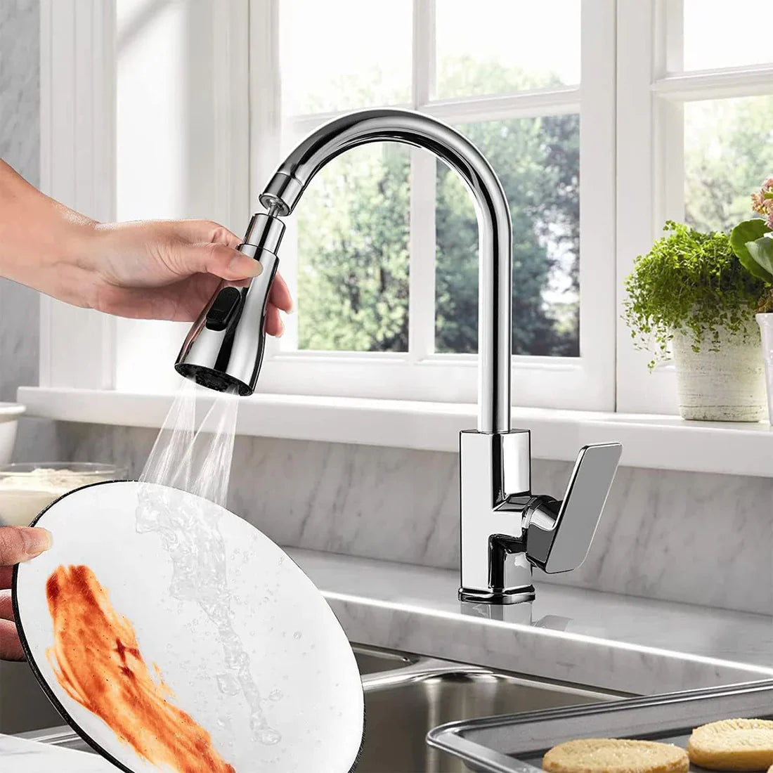3-mode kitchen faucet sprayer head (Strong Spray, Double-Knife Rinse, Soft Bubble Stream)