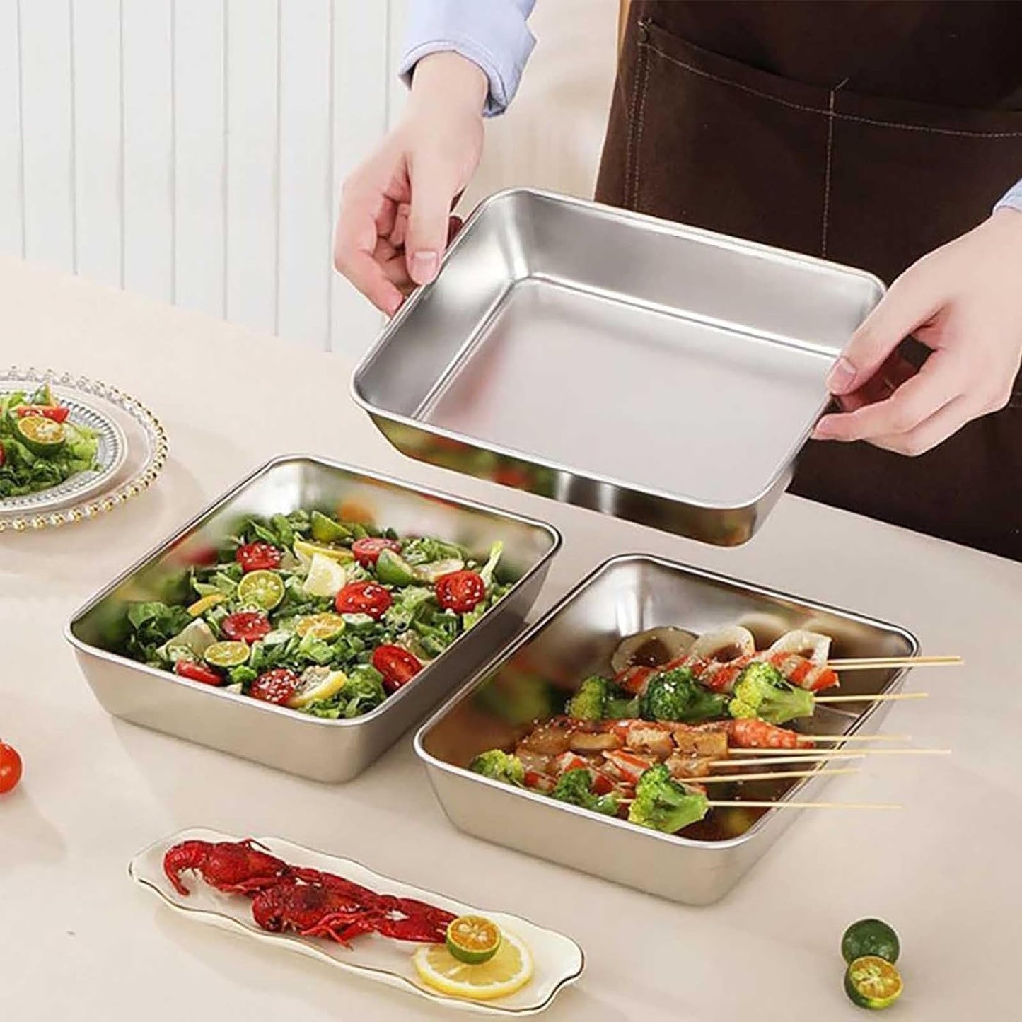 Stainless Steel Food Storage Container with Lids, Oven Tray, Pan Stainless Steel Rectangle Plate with Lid, Perfect for Baking, Cooking (Silver)