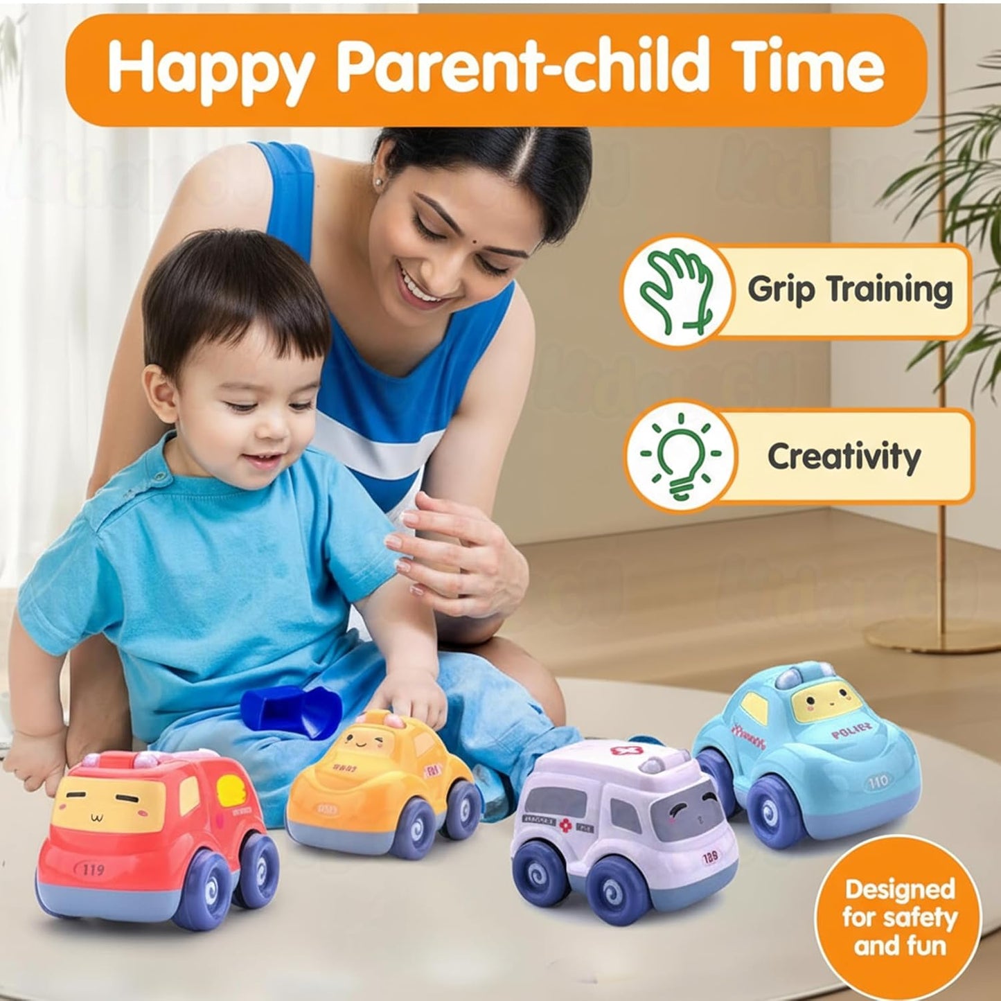 Kidology Push & Go Baby Car Toy Set, Friction Powered Pull Back Cars for Toddlers,