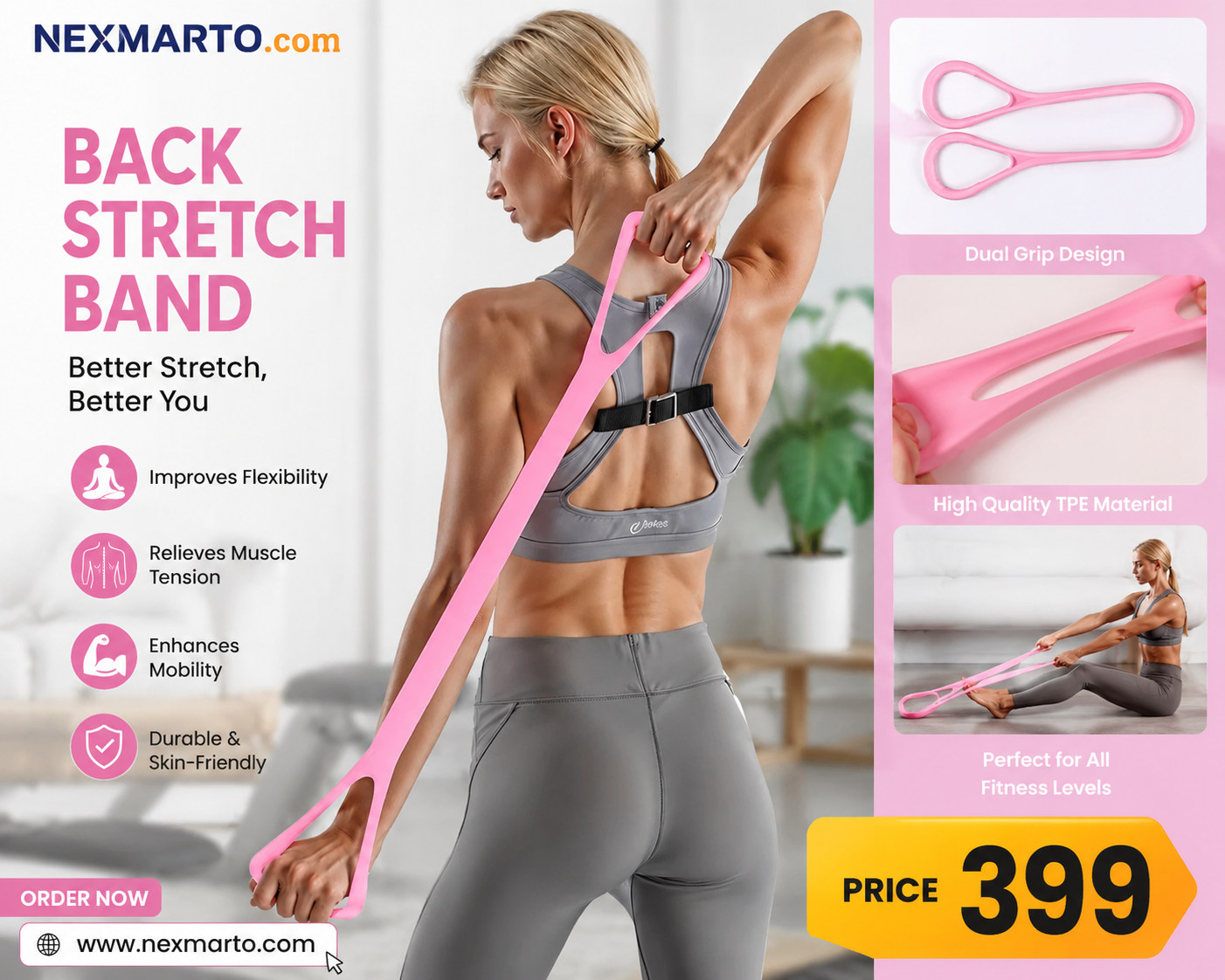 Resistance Band, Fitness Elastic Rope, Execrise Workout for Arm, Back, Chest and Shoulder, Yoga, Pilates, Stretching, Physical Therapy Equipment, Pink